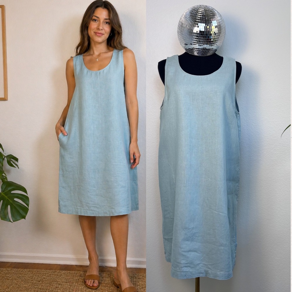 Cotton Connection 100% Linen Sleeveless Shift Dress, Blue Large, Natural Fibers